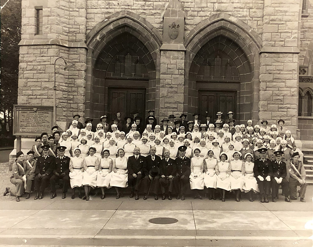 June 24, 1940 - St. John Day - Victoria St. John Ambulance members from nursing and ambulance brigades assembled in front of Christ Church Cathedral