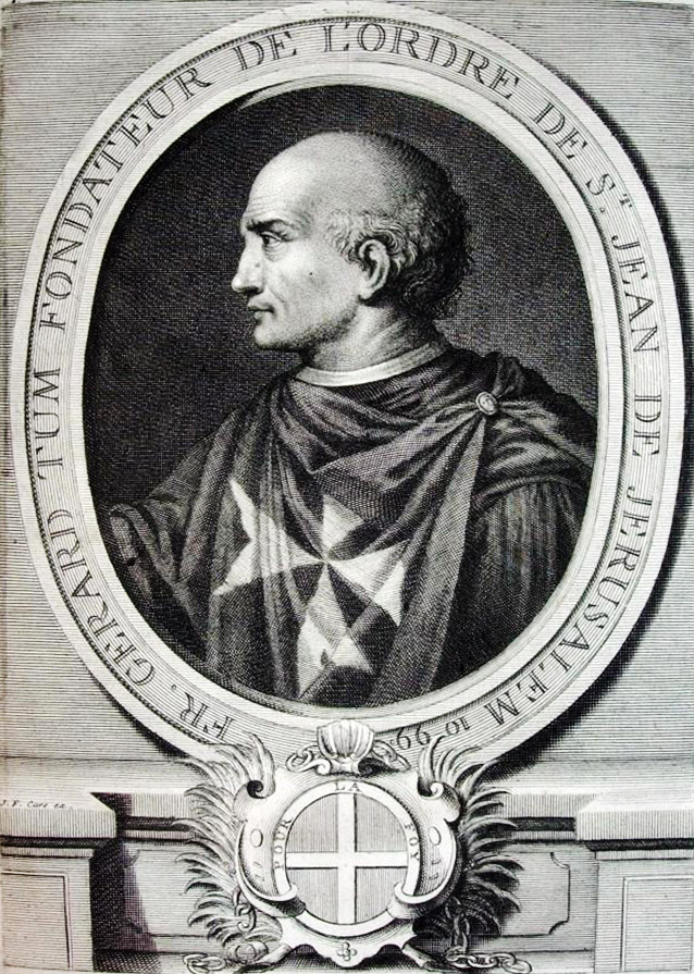 18th-century copper engraving by Laurent Cars - captioned Brother Gerard Tum, Founder of the Order of St John of Jerusalem 1099.